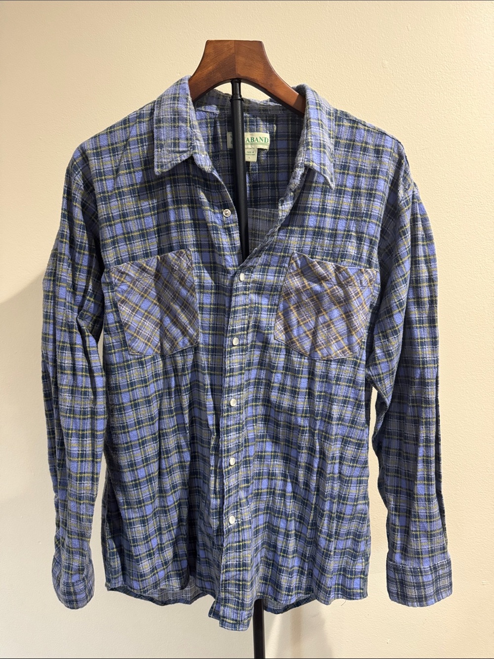 Haband Vintage Blue Plaid Flannel Button Up Shirt (Size L)